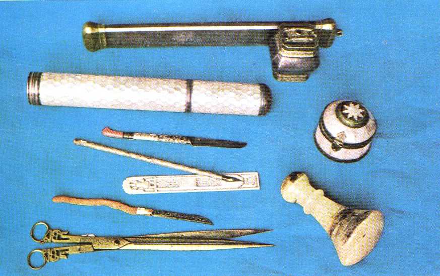 Writing Implements: Pen-cases, inkpot,
 penknife, scissors etc.